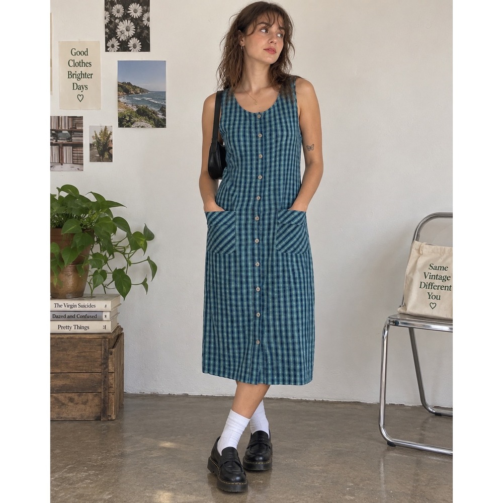 Blue J. Button Front Midi Dress Womens M Blue Plaid Vintage 90s Cotton Pockets